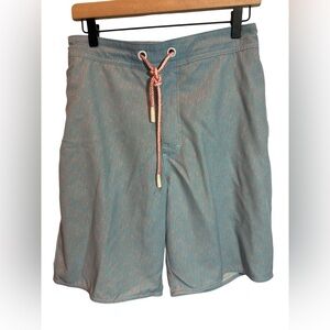 Johnnie-O Clearwater Men's Med Half Elastic Swim Trunks Short Blue All Over Logo